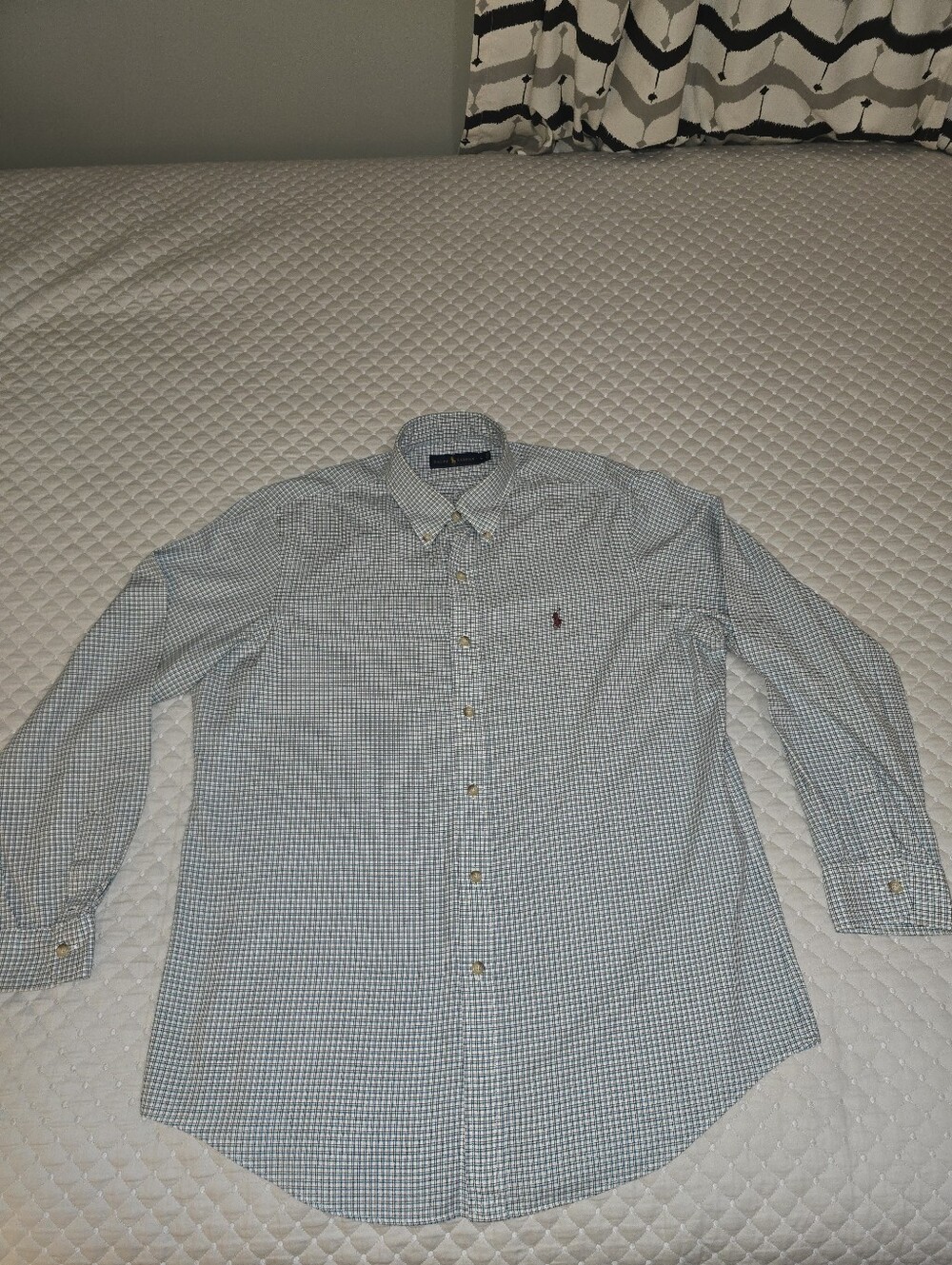 Lg - Ralph Lauren Men's Green and White Gingham Button-Down Shirt. FLAWLESS